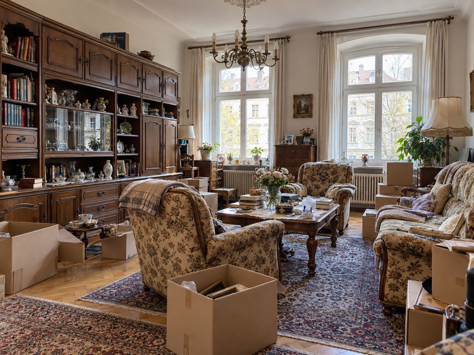 Wohnzimmer vor der Haushaltsauflösung in Braunschweig: Schrankwand, Sofa und Umzugskartons